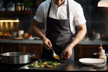 black apron mockup. a chef  wearing a black apron and was cooking