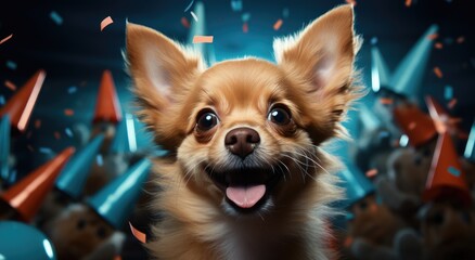 A small chihuahua happily lounges indoors, its tongue playfully sticking out as it enjoys the comforts of being a beloved pet - obrazy, fototapety, plakaty