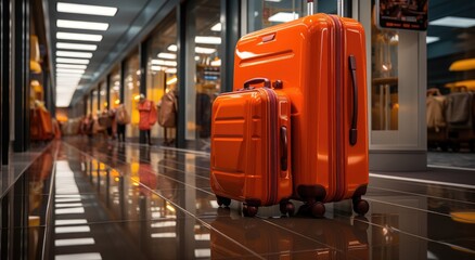 Two vibrant suitcases stand out against the dull hallway of a bustling building, ready to embark on a journey by train