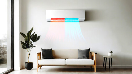 Dual Inverter hot and cold split air conditioner on the wall under sofa in modern apartment living room. Cooling and heating illustration. - obrazy, fototapety, plakaty
