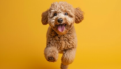  joyful spirit of a Labradoodle in a lively pose against a cheerful yellow backdrop, emphasizing the breed's playful nature, Labradoodle in yellow background, AI