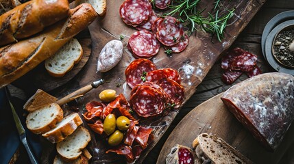 Snack delicatessen with meat, olives, and croutons seen from above