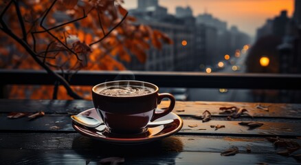 Amidst the bustling street, a steaming cup of coffee rests on a table, its saucer and serveware glistening in the morning sunlight, inviting me to savor the rich aroma and awaken my senses