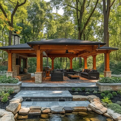 Naturalistic Setting in an Outdoor Pavilion with Wooden Beams