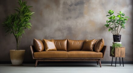 A cozy living room setup featuring a sleek brown couch and a vibrant houseplant against a simple wall, adding a touch of warmth and life to the modern interior design