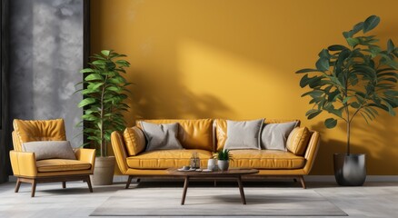 A cozy living room oasis adorned with a sunny yellow studio couch, complemented by a chic coffee table and houseplants, exuding comfort and style in an indoor sanctuary