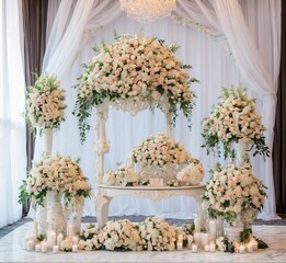 Wedding decoration with white flowers and candles. Wedding decor.