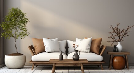 A cozy living room oasis featuring a modern studio couch adorned with plush white pillows and a beautiful vase of flowers atop a sleek coffee table, surrounded by chic interior design elements