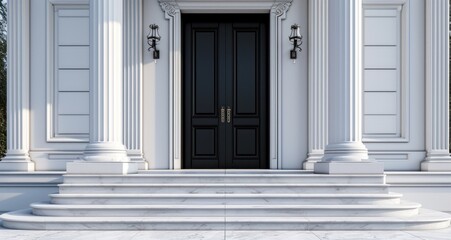 a black door with white steps - obrazy, fototapety, plakaty