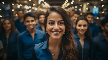 Fototapeta premium Smiling confident female business executive - team leader open office space - profile picture 