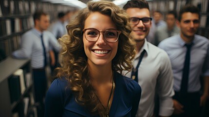 Fototapeta premium Smiling confident female business executive - team leader open office space - profile picture 