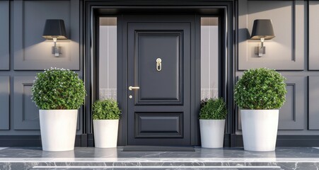 a black entry door with white plants - obrazy, fototapety, plakaty