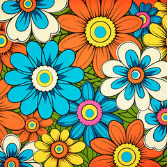 Fototapeta na wymiar Vintage flower seamless pattern illustration. Retro psychedelic floral background art design. Groovy colorful spring texture, hippie seventies nature backdrop print with repeating daisy flowers