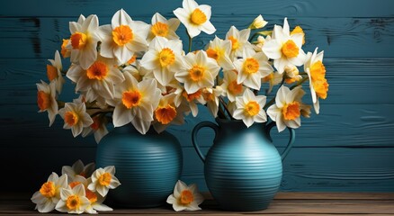 Vibrant daffodils bring a burst of sunshine to an elegant indoor still life, nestled in blue vases among delicate petals and verdant plants