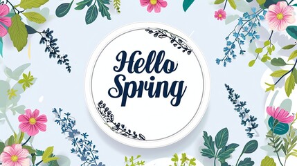 Round banner with the Hello Spring logo. Springtime card with white frame and herb. Promotional offer featuring springtime decorations like as flowers
