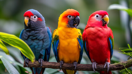 Three colorful parrots on a branch