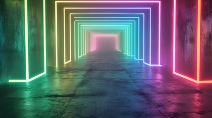 Abstract background with neon lines tunnel.Dark studio with bright blue, red, pink, and white neon lights,