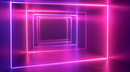 Abstract background with neon lines tunnel.Dark studio with bright blue, red, pink, and white neon lights,