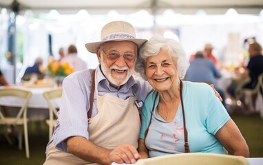 Fototapeta na wymiar Smiling Senior Duo at Local Event