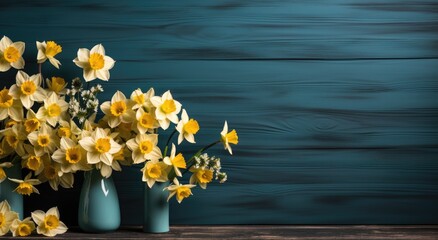 Delicate daffodils adorn a still life of blue vases, their yellow petals a refreshing contrast to the calming waters within, a tribute to the art of floristry and the beauty of cut flowers