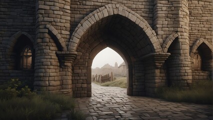 Entrance of a medieval kingdom with arch made from bricks from Generative AI