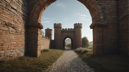 Entrance of a medieval kingdom with arch made from bricks from Generative AI