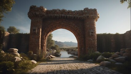 Entrance of a kingdom with arch made from bricks from Generative AI - obrazy, fototapety, plakaty