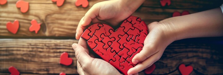 The concept of charity, love, donate and helping hand. International cardiology day. A woman and child arranges red heart shape puzzles. Symbol of helping others. - Powered by Adobe