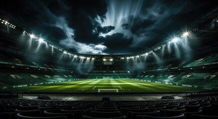 A colossal outdoor arena, illuminated by the night sky and towering clouds, boasts a massive football stadium with gleaming lights and a formidable goal, beckoning fans to witness the epic battle on  - obrazy, fototapety, plakaty