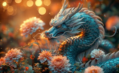 Fototapeta na wymiar a blue dragon is surrounded by flowers and lights