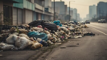 Bunch of garbage on the side of a road at a modern city from Generative AI