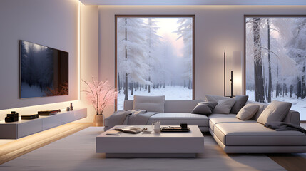 Modern minimalist interior design, white room, living room, Natural Lighting.