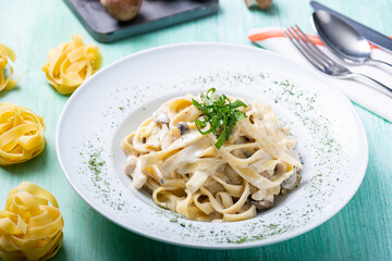 Studio photo of a beautifully plated and styled fettucine with chicken and cream in a white plate on a green wooden table