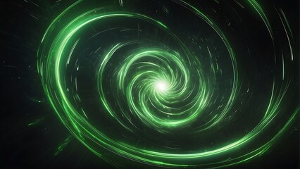 Spinning spiral vortex of neon green light streaks and particles, technology and sci-fi ad concept from Generative AI