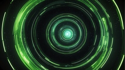 Spinning spiral vortex of neon green light streaks and particles, technology and sci-fi ad concept from Generative AI