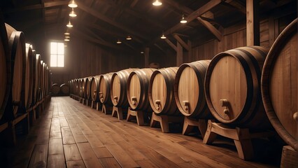 Rows of wooden barrels of wine whiskey or scotch from Generative AI