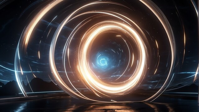 Spinning spiral vortex of neon white light streaks and particles, technology and sci-fi ad concept from Generative AI