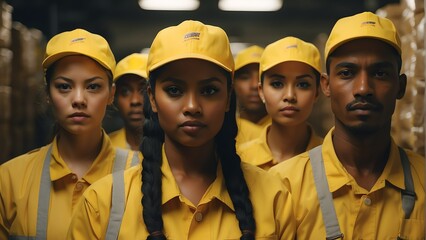 Portrait of diverse my inclusive group of delivery workers on uniform and plain yellow cap from Generative AI