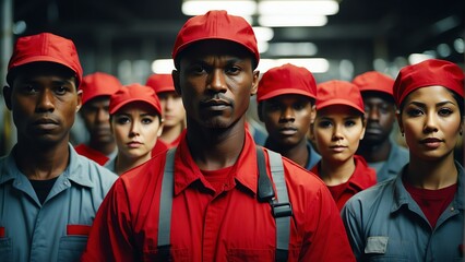 Fototapeta premium Portrait of diverse my inclusive group of delivery workers on uniform and plain red cap from Generative AI