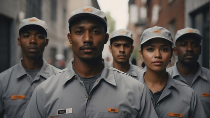 Fototapeta premium Portrait of diverse my inclusive group of delivery workers on uniform and plain gray cap from Generative AI