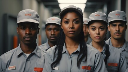 Portrait of diverse my inclusive group of delivery workers on uniform and plain gray cap from Generative AI
