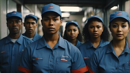 Portrait of diverse my inclusive group of delivery workers on uniform and plain blue cap from Generative AI - obrazy, fototapety, plakaty