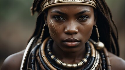 Fototapeta premium Portrait of a young woman black african tribal warrior soldier from Generative AI