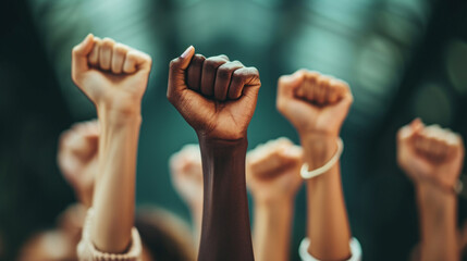 Multi ethnic people raising their fists up in the air.