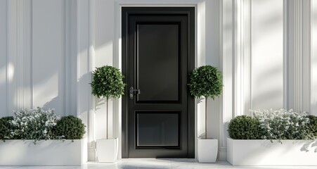 Fototapeta na wymiar a black entry door with white plants