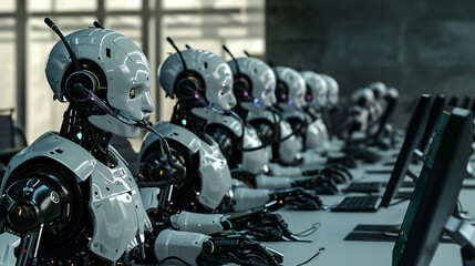 Robots in call center working as operators answering customer calls. RPA automation - obrazy, fototapety, plakaty