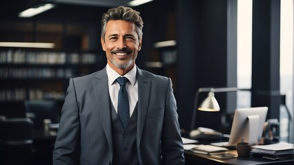 Fototapeta na wymiar Portrait of a confident smiling businessman standing on tax revenue office, tax filing season concept from Generative AI