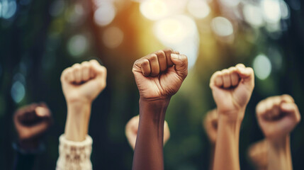 Multi ethnic people raising their fists up in the air.