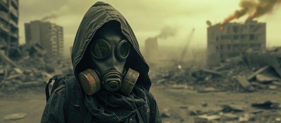 Survivor in gas mask, ruined city behind. - obrazy, fototapety, plakaty