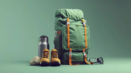 Zelfklevend Fotobehang Travel backpack with camping equipment, hiking shoes, elements for camping, summer camp, traveling, trip, hiking, 3d rendering. © Zahid